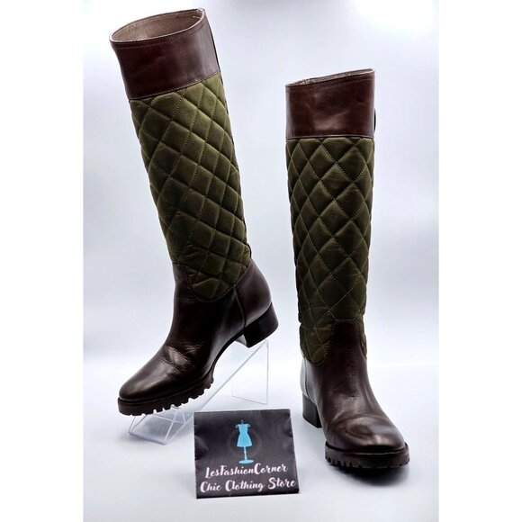 Tory Burch Women's Brown Green Leather Rowan Quilted Riding Boots Size 6.5M 380 - Picture 1 of 16